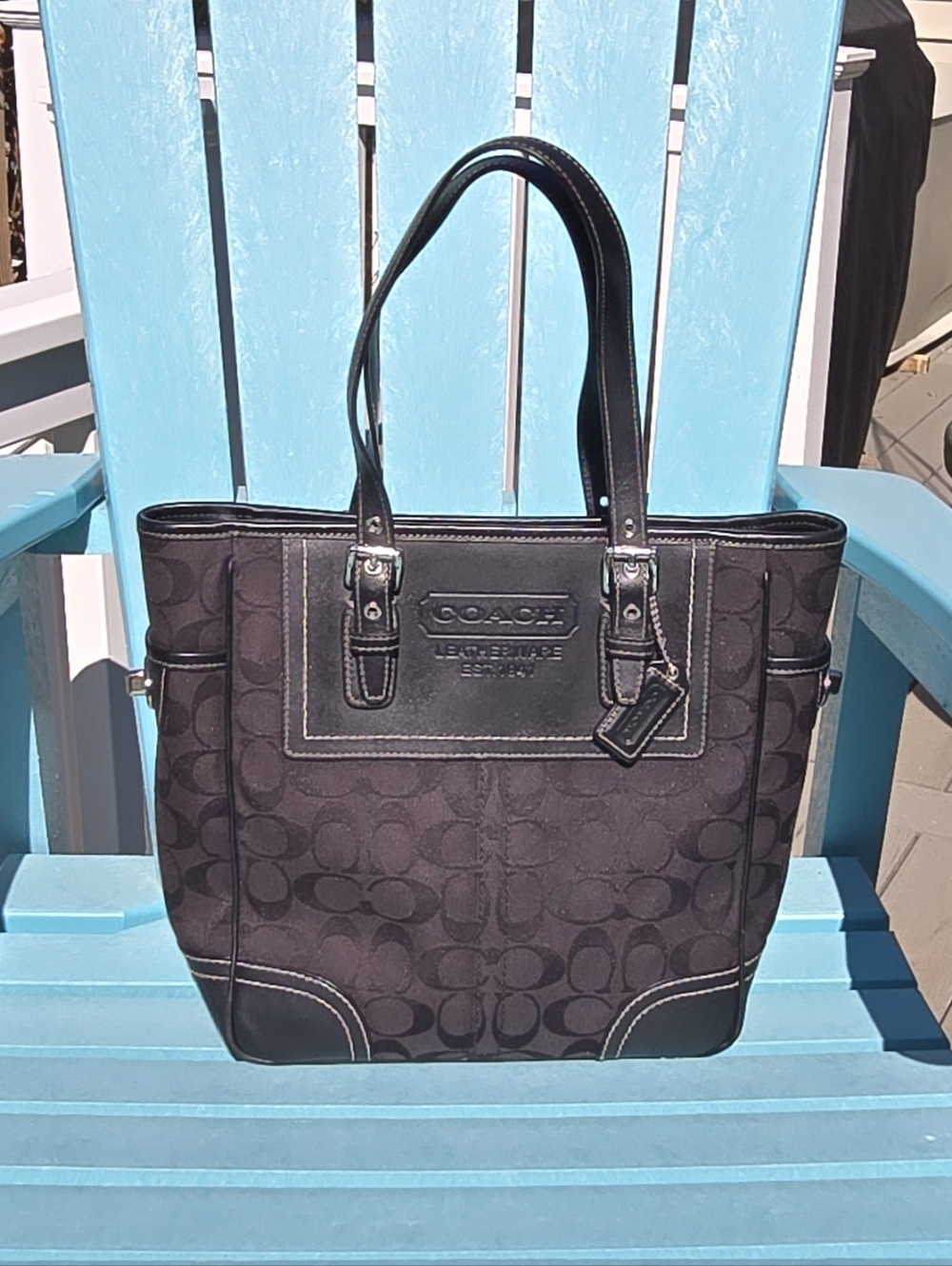Coach Black Signature Jacquard Leather Trim Tote